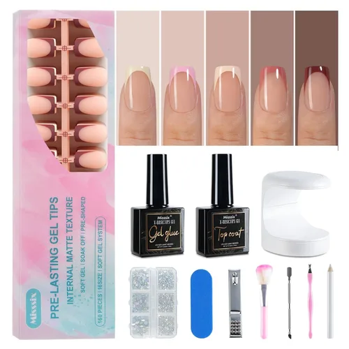 Vista 9 de Misssix Uñas postizas a presión con punta francesa, 150 piezas de puntas de uñas de gel francés, uñas postizas de gel suave de almendra media, kit