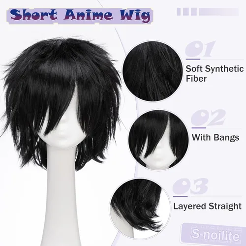 Vista 3 de Pelucas de pelo sintético lacio, corto y esponjoso. Para fiestas de cosplay, anime peluca con pelo despeinado y puntiagudo, para hombre y mujer