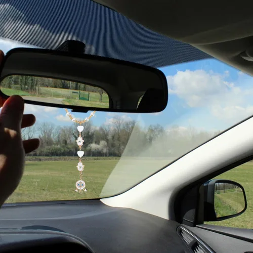 Vista 5 de Adorno colgante de coche de ojo malvado Hamsa, espejo retrovisor de ojo malvado, decoración de cuentas de buena suerte, accesorios de automóvil