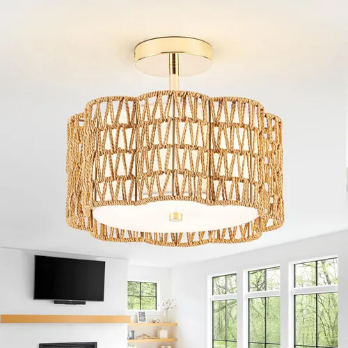 Vista 10 de ✿ Lámpara de Techo de Ratán Tejido a Mano de 13.8" con 3 Luces Montaje Empotrado Boho Negro para Dormitorio Pequeño y Guardería, Luz de Techo