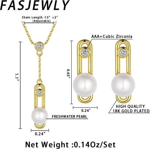 Vista 3 de Fasjewly Delicados juegos de joyas de perlas, chapado en oro de 14 quilates, juego de collar y aretes de una sola perla, colgante en Y y aretes
