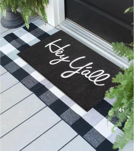 Vista 2 de Tapete de bienvenida al aire libre con texto en inglés "Hey Y'all" para puerta delantera, con parte trasera de goma, tapete
