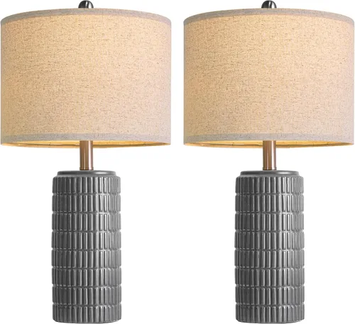 Vista 8 de PoKat Juego de 2 lámparas de mesa de cerámica gris oscuro de 23 pulgadas para sala de estar, lámparas de noche modernas para dormitorio, lámpara