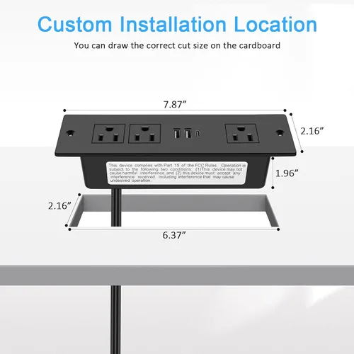 Vista 4 de Regleta de alimentación empotrada, tomacorriente de cajón para muebles con USB-C PD de 20W y USB-A QC3.0 de 18W, enchufe en 3 salidas y puertos USB