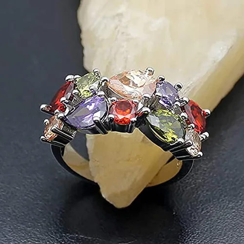 Vista 4 de QIXINWANG Anillo de piedras preciosas múltiples, morganita, granate, amatista, peridoto y promesa, anillo de fiesta de boda para niñas y mujeres