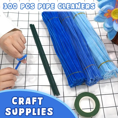 Vista 7 de URSDIART 311 piezas de limpiapipas azules para manualidades - Kit de fabricación de flores de tallos de felpilla, alambre grueso y esponjoso