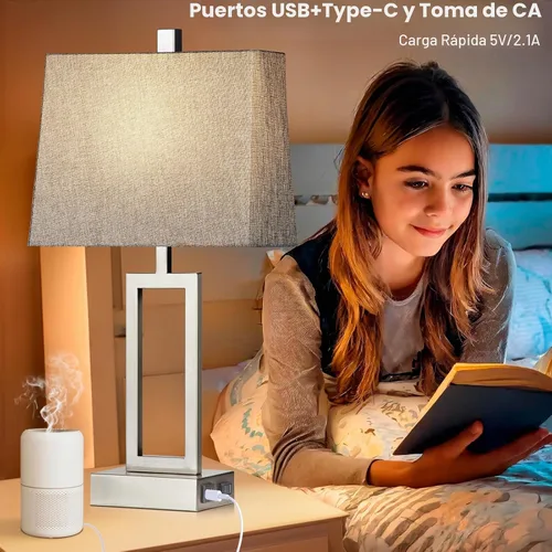Vista 2 de Lolikit Lámparas de mesa con control táctil de 23.5 pulgadas, lámpara de noche de metal para dormitorio, juego de 2 con puertos USB A+C y salida