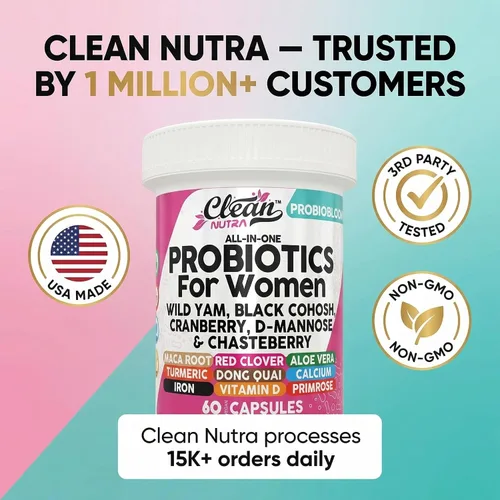 Vista 8 de Clean Nutraceuticals Probióticos para mujeres con D manosa, extracto de arándano, ñame silvestre, chasteberry – 20 cepas probióticas y prebióticas
