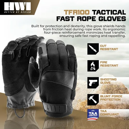 Vista 4 de HWI Gear TFR100 Guante táctico de cuerda rápida, cuero grueso de piel de cabra, destreza, aventura, deportes al aire libre, escalada, rapel