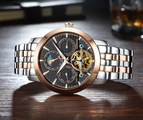 Vista 4 de PASOY Reloj de Hombre Automático Mecánico Tourbillon Acero Inoxidable Stell Fecha Dial Azul Reloj Esqueleto