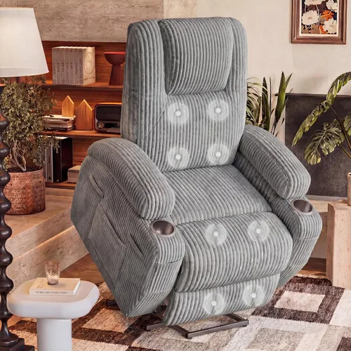 Vista 9 de Furmax Silla reclinable eléctrica con masaje para personas mayores, tela de pana, sillón reclinable individual con portavasos, bolsillos laterales