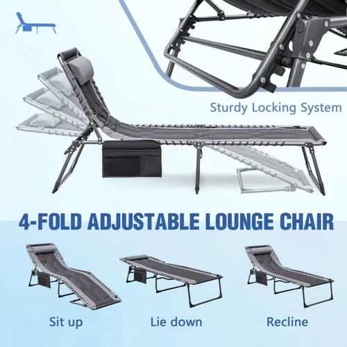 Vista 11 de Devoko - Silla reclinable plegable para exterior acolchada portátil de 4 pliegues, silla lounge resistente con almohada y bolsillo lateral para Gris
