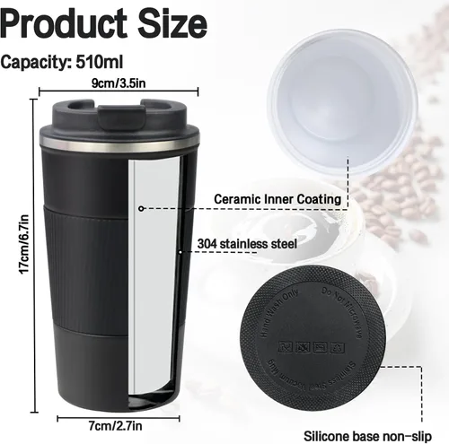 Vista 4 de Taza de 18 onzas con revestimiento de cerámica en el interior, taza de café aislada con tapa, taza de viaje para café a prueba de fugas, taza