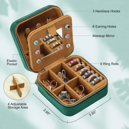 Vista 4 de Organizador de joyas de viaje de terciopelo de felpa, caja de viaje con inicial bordada, organizador de aretes, collares, anillos, regalos