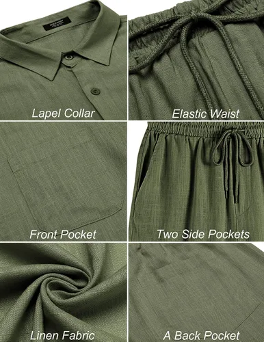 Vista 4 de COOFANDY Conjunto de lino de 2 piezas para hombre, camisa casual de manga corta y conjunto de playa corto