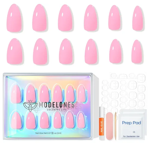 Vista 5 de Modelones Uñas postizas a presión color rosa almendra, uñas postizas cortas de primavera, kit de uñas reutilizables con pegamento de uñas, mini lima
