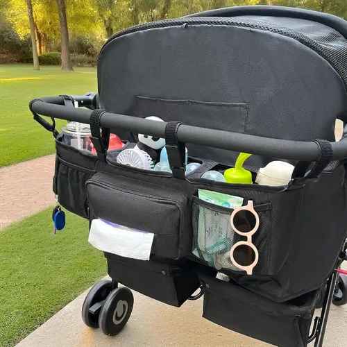 Vista 7 de Organizador de cochecito doble para Bob Duallie y Baby Jogger City Mini GT2, carrito doble para cochecito con 2 bolsillos aislados y bolsa