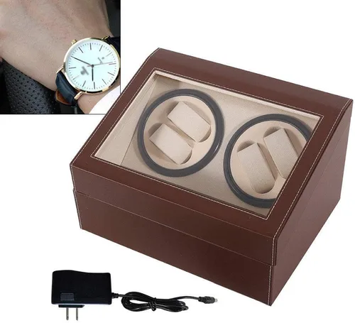 Vista 5 de Bobinadora automática de reloj 4+6, caja de presentación giratoria de cuero, caja de almacenamiento de lujo (marrón)