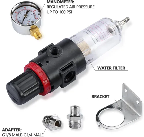 Vista 2 de SAGUD Compresor de aerógrafo Regulador de presión de aire Mini filtro en línea Aceite Trampa de agua humedad con adaptador de aerógrafo, ajuste