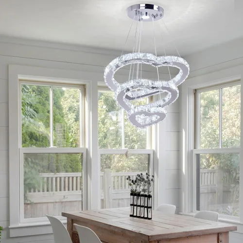Vista 2 de Lámpara de araña moderna de cristal de corazón de 3 anillos con iluminación LED colgante de acero inoxidable para sala de estar, comedor y blanco