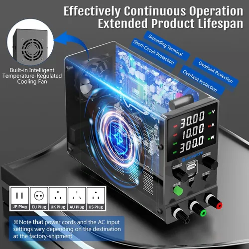 Vista 4 de Fuente de alimentación CC variable, fuente de alimentación de banco ajustable de conmutación CC regulada de 0-32 V 0-10 A con USB de 20 W y carga