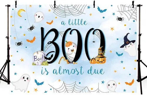Vista 2 de MEHOFOND Telón de fondo de Halloween de 7 x 5 pies para baby shower con texto en inglés "A Little Boo is Almost Due Blue Water" para niño