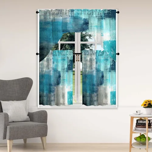 Vista 9 de Blue & Swag - Juego de 3 cortinas para ventana de cocina, cenefa de arte abstracto gris con bolsillo para barra para cocinas modernas