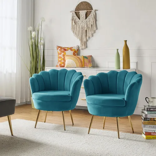 Vista 38 de HULALA HOME Silla decorativa moderna de terciopelo con respaldo en forma de concha, bonito sillón para sala de estar, dormitorio con patas doradas