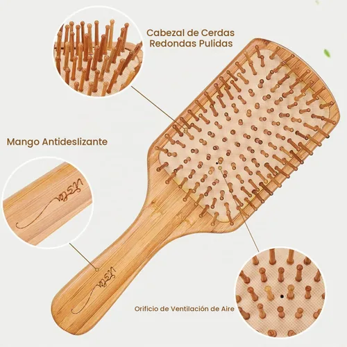 Vista 3 de Cepillo y peines de bambú para cabello largo, grueso, rizado, ondulado, seco o dañado, reduce la rotura, el encrespamiento y los enredos