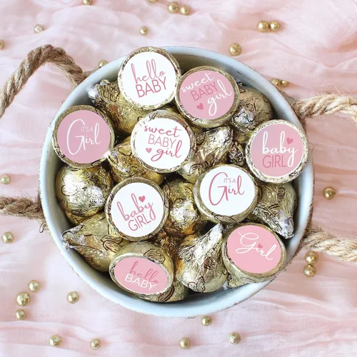 Vista 9 de Calcomanías rosadas de besos para baby shower con texto en inglés "It's a Girl", 180 unidades, 9 diseños 0.75" Round, Fits Chocolate Drops, Candy