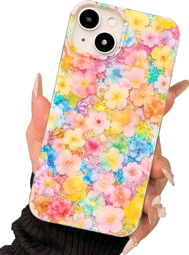 Vista 23 de I-MGAE-IN-AR Funda compacta para iPhone 12 Pro, diseño colorido de flores iridiscentes, holográfica, brillante, bonita funda para iPhone 12
