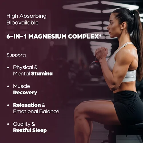 Vista 3 de Complejo completo de magnesio de 500 mg para mujeres y hombres 60 cápsulas Suplemento Mag 6 en 1 con zinc Calidad del sueño y salud muscular