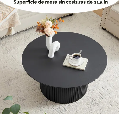 Vista 5 de Mesa de café redonda de 31.5", Mesa de centro moderna con acento acanalado y marco de metal, mesas de café de madera redondas para sala de estar