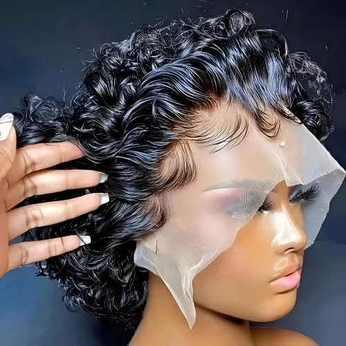 Vista 4 de Pelucas de corte Pixie, pelucas rizadas con encaje frontal para mujeres negras, pelucas de cabello humano corto, pelucas de cabello humano