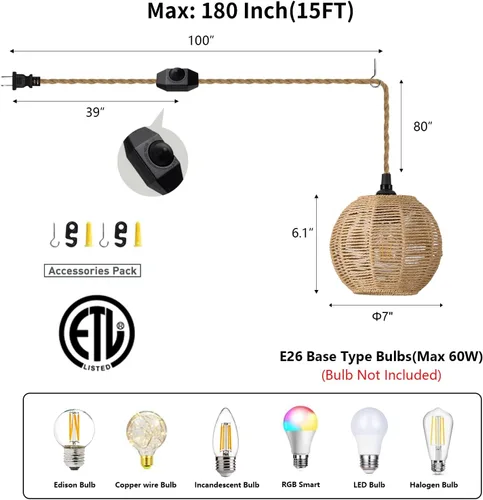 Vista 2 de Lámpara Colgante Enchufable de 15 pies con Cable, Interruptor Regulable, Lámpara Colgante de Ratán con Mimbre Tejido a Mano, Candelabro Enchufable