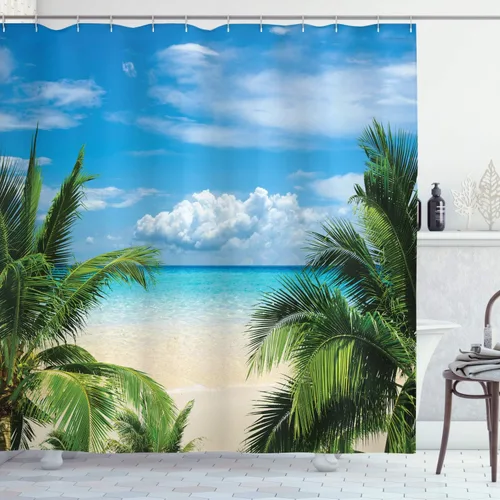 Vista 61 de set de cortina para baño decorativa de tela de poliéster con ganchos
