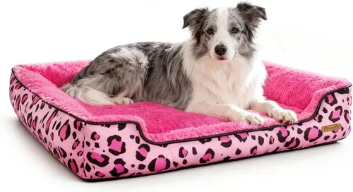 Vista 8 de Cama rectangular lavable para perros grandes, medianos y pequeños, camas suaves y relajantes, sofá cálido y duradero para mascotas con parte Rosa