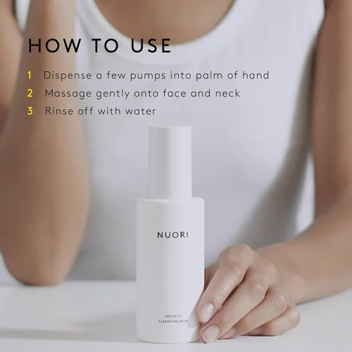 Vista 3 de NUORI Protect + Cleansing Milk Limpiador facial, para todo tipo de piel, incluyendo piel hipersensible, totalmente natural, sin fragancia, 1 onza