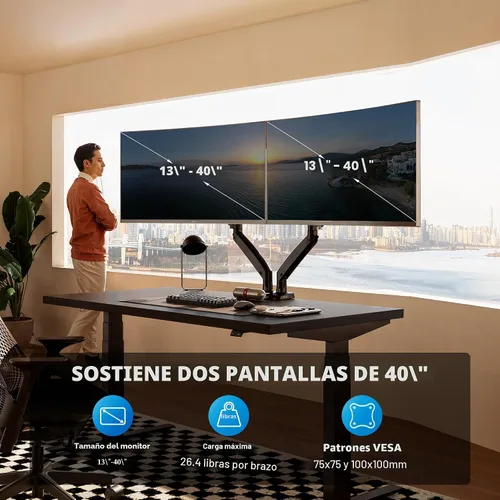Vista 2 de HUANUO NITROGLIDE™ Soporte de monitor dual para 13 ″ – 40 ″, soporte de monitor doble premium con USB, soporte de monitor ajustable en altura para 2