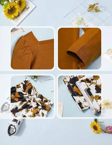 Vista 6 de Conjunto de 3 piezas de ropa para niña pequeña, cuello cuadrado, manga larga abombada, pantalones a rayas + diadema