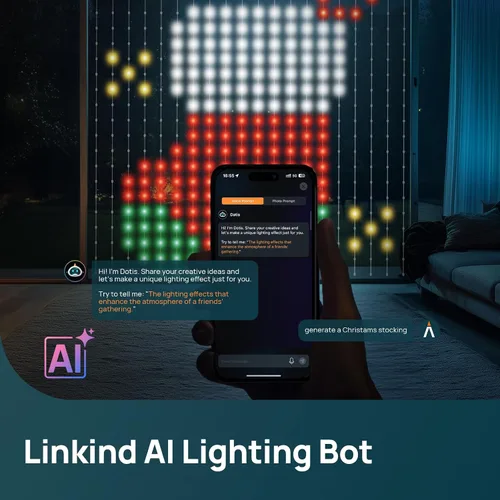 Vista 5 de Linkind - Cortina de luces inteligentes – Control de aplicación, pantalla GIF con patrón AI, funciona con Alexa Google Home, 400 luces LED que
