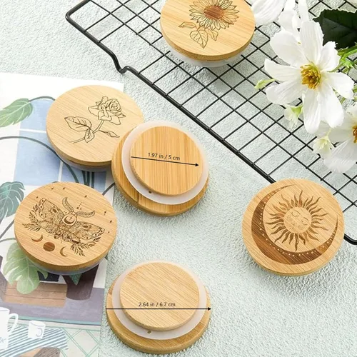 Vista 3 de Tessco for you Juego de 6 tapas para tarros de yogur, madera de bambú para tarros, tapa reutilizable con anillos de sellado de silicona y diferentes