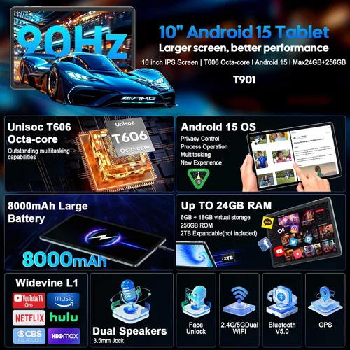 Vista 2 de Suicoey Tablet Android 15 2026 con teclado, 24 GB de RAM + 256 GB de ROM (expansión de 2 TB), tableta de 10 pulgadas con Gemini AI, Octa-Core