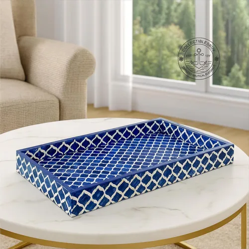 Vista 5 de Bandeja de servir hecha a mano con incrustaciones de hueso, bandeja de desayuno de damasco marroquí azul y blanco, bandeja rectangular de madera
