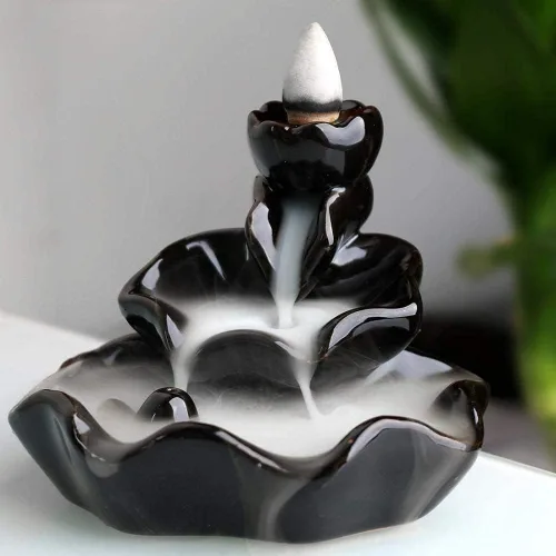 Vista 2 de Quemador de Incienso en Cascada, Soporte de Incienso de Reflujo de Loto, Incensario de Cerámica para Conos y Varillas, Soporte de Porcelana con 10