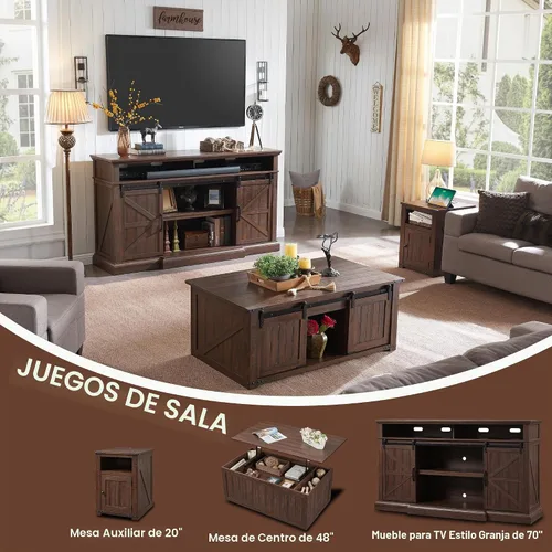 Vista 6 de IFGET - Mesita de noche con estación de carga, mesa auxiliar de 20" estilo granja con puerta de granero, mesa de sofá rústica de madera para cama