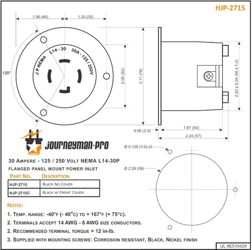 Vista 4 de Journeyman-Pro 2715, NEMA L14-30 Enchufe de generador de entrada con bridas, 30A 125/250 voltios, Enchufe de receptáculo de bloqueo, Grado