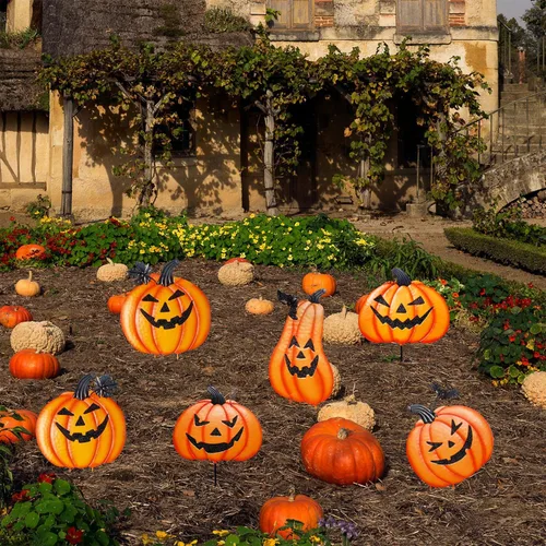 Vista 5 de Juegoal Paquete de 2 estacas de jardín de Halloween, calabazas de metal apiladas, decoración de césped Jack-o-Lantern, letreros de patio decorativos