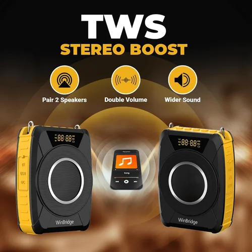 Vista 4 de Amplificador de voz con auriculares de micrófono inalámbrico – Altavoz portátil resistente al agua con micrófono con TWS estéreo, SOS, grabación