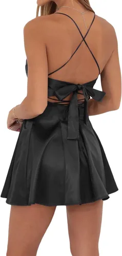 Vista 2 de Nyapruwe Vestido sexy sin mangas sin espalda de verano para mujer, con tirantes delgados, nudo en la espalda, acampanado, vestido de fiesta